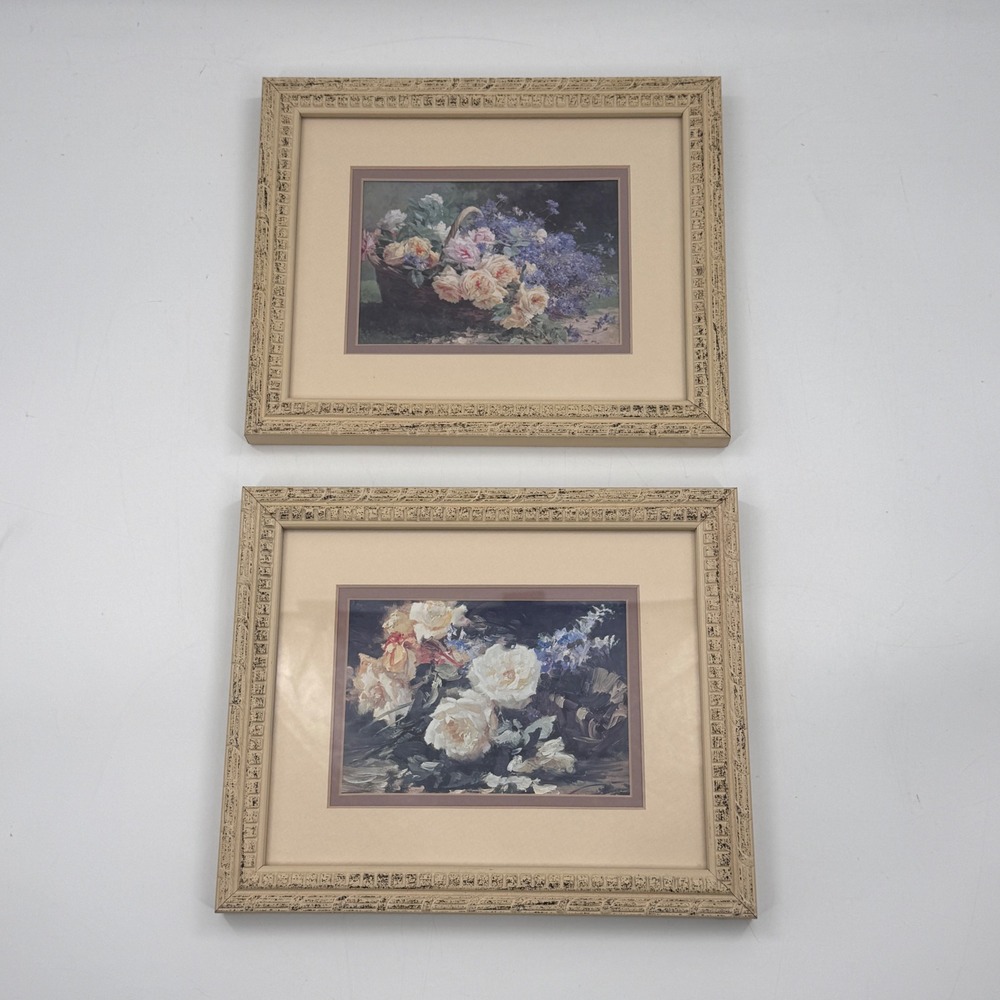 Vintage Framed Floral Still Life Prints Pair Basket of Flowers 12x10